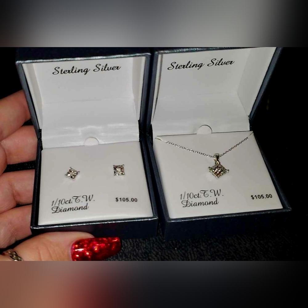 Elegant Silver Diamond Pendant Necklace & Earring Set